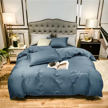 2021 Novo de Quatro peças de roupa de cama simples de algodão duplo família cama folha de capa de edredão bordado de sarja roupa de cama confortável azul escuro