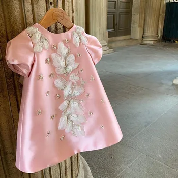 Bebê bonito Roupas de Verão Vestido de Impressão espanhol Estilo de Decoração Floral de Esferas Lolita Vestidos Para 12M-aluno com 12 anos de