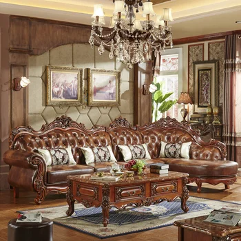 Europeu de sofá de couro sala de estar combinada sólido escultura em madeira mobiliário neoclássico