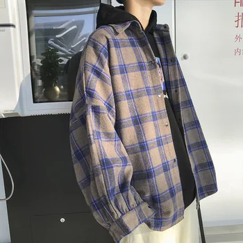 Homens Harajuku Bloco De Cor De Camisa Xadrez 2021 Mens Streetwear Grosso Camisas De Manga Longa Masculino Vintage Coreano Modas De Roupas