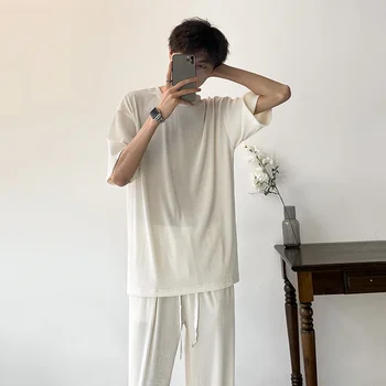 Moda Conjuntos de Homens de Verão Casual Bege Plissado Define Homens Plissado T-shirt, Calças Plissadas coreano Respirável Solta Mens Curto Conjuntos