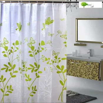 Moderno, bonito 803 borboleta folhas verdes PEVA cortina de chuveiro espessamento impermeável para enviar o gancho da cortina de chuveiro do banheiro