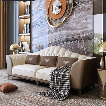 Pós-moderno da luz de luxo sofá de couro sala de Hong Kong estilo primeira camada de couro de três pessoas, italiano grande