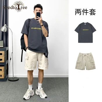 Verão de Homens Conjunto Casual Impresso em torno do Pescoço T-Shirt Manga Curta Cintura Elástica Shorts de Carga de Duas peças de Terno