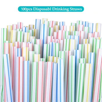 100Pack Descartáveis Canudos de Plástico Flexível Canudos Listrados Multi Colorido do arco-íris Canudos Bendy Palha Barra de Acessórios